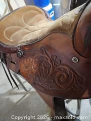 MaxSold Auction: Brown/Tan Leather & Suede Western Saddle, 14 in, Tooled Floral - Elizabethtown-Kitley (Ontario, Canada) PARTNER MANAGED Estate Sale Online Auction - Rocksprings Road