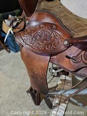 MaxSold Auction: Brown/Tan Leather & Suede Western Saddle, 14 in, Tooled Floral - Elizabethtown-Kitley (Ontario, Canada) PARTNER MANAGED Estate Sale Online Auction - Rocksprings Road
