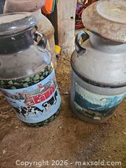 MaxSold Auction: Pair of Large Hand-Painted Metal Milk Cans with Lids - Elizabethtown-Kitley (Ontario, Canada) PARTNER MANAGED Estate Sale Online Auction - Rocksprings Road