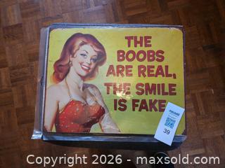 MaxSold Auction: Retro Pin-Up Metal Wall Sign Plaque, Yellow & Red, 12" x 20" - Elizabethtown-Kitley (Ontario, Canada) PARTNER MANAGED Estate Sale Online Auction - Rocksprings Road