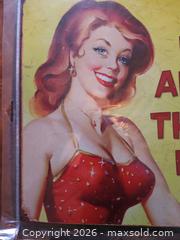 MaxSold Auction: Retro Pin-Up Metal Wall Sign Plaque, Yellow & Red, 12" x 20" - Elizabethtown-Kitley (Ontario, Canada) PARTNER MANAGED Estate Sale Online Auction - Rocksprings Road