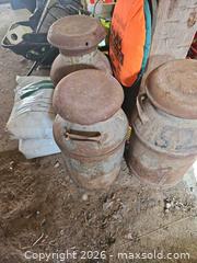 MaxSold Auction: Three Vintage Steel Milk Cans, 18–24 in. - Elizabethtown-Kitley (Ontario, Canada) PARTNER MANAGED Estate Sale Online Auction - Rocksprings Road