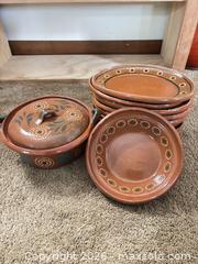 MaxSold Auction: Hand-Painted Terracotta Dinner Plates & Lidded Serving Casserole - Ogden (New York, USA) SELLER MANAGED Downsizing Online Auction - Village Hill Drive