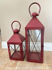 MaxSold Auction: Pair of Red Rustic Metal Lanterns with Glass Panels - Kitchener (Ontario, Canada) SELLER MANAGED Downsizing Online Auction - Templeton Drive