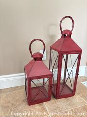 MaxSold Auction: Pair of Red Rustic Metal Lanterns with Glass Panels - Kitchener (Ontario, Canada) SELLER MANAGED Downsizing Online Auction - Templeton Drive