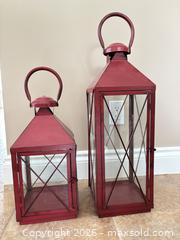 MaxSold Auction: Pair of Red Rustic Metal Lanterns with Glass Panels - Kitchener (Ontario, Canada) SELLER MANAGED Downsizing Online Auction - Templeton Drive
