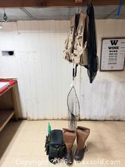 MaxSold Auction: Fishing Gear Bundle: Chest Waders, Vest, Net, Tackle A - East Vincent Township (Pennsylvania, USA) Downsizing Online Auction - Sheeder Road