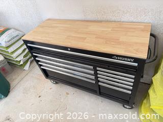 MaxSold Auction: Husky 50 in Rolling Tool Chest with Wood Top and Tools - Commerce City (Colorado, USA) SELLER MANAGED Estate Sale Online Auction - E. 99th Avenue