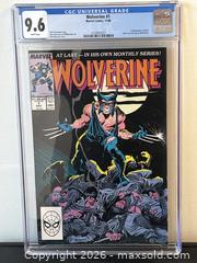 MaxSold Auction: WOLVERINE #1 (NOV. 1988) MARVEL COMICS WHITE PAGES & 1st APPEARANCE - GRADED CGC 9.6 NEAR MINT+ - Kingston (Ontario, Canada) SELLER MANAGED Reseller Online Auction - Glen Castle Road
