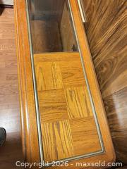 MaxSold Auction: Honey Oak Retro Console Entry Table with Glass Top - Water Valley (Alberta, Canada) PARTNER MANAGED Moving Online Auction - Range Road 52