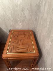 MaxSold Auction: Mid-Century Parquet Inlay End Table with Brass Trim - Water Valley (Alberta, Canada) PARTNER MANAGED Moving Online Auction - Range Road 52