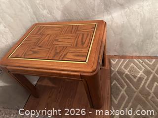 MaxSold Auction: Mid-Century Parquet Inlay End Table with Brass Trim - Water Valley (Alberta, Canada) PARTNER MANAGED Moving Online Auction - Range Road 52