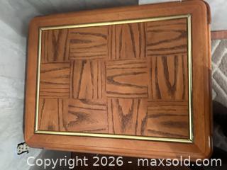 MaxSold Auction: Mid-Century Parquet Inlay End Table with Brass Trim - Water Valley (Alberta, Canada) PARTNER MANAGED Moving Online Auction - Range Road 52