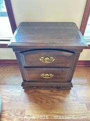 MaxSold Auction: Traditional Dark Brown Veneer Nightstand with 2 Drawers - Water Valley (Alberta, Canada) PARTNER MANAGED Moving Online Auction - Range Road 52