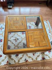 MaxSold Auction: Vintage Medium Oak Veneer Coffee Table with Glass Inset Top - Water Valley (Alberta, Canada) PARTNER MANAGED Moving Online Auction - Range Road 52