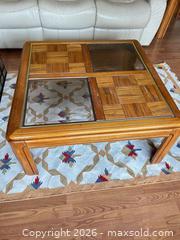 MaxSold Auction: Vintage Medium Oak Veneer Coffee Table with Glass Inset Top - Water Valley (Alberta, Canada) PARTNER MANAGED Moving Online Auction - Range Road 52