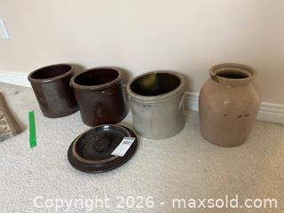 MaxSold Auction: Four Stoneware Crocks with One Lid, Tallest 11 Inches - Kingston (Ontario, Canada) PARTNER MANAGED Downsizing Online Auction - Sunnyside Road