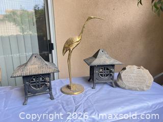 MaxSold Auction: Pagoda Cast Iron Lanterns with Brass Heron & Garden Rock Plaque - Henderson (Nevada, USA) PARTNER MANAGED Estate Sale Online Auction - West Warm Springs Road