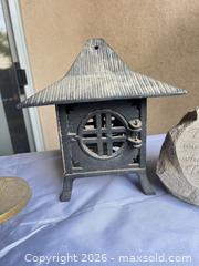 MaxSold Auction: Pagoda Cast Iron Lanterns with Brass Heron & Garden Rock Plaque - Henderson (Nevada, USA) PARTNER MANAGED Estate Sale Online Auction - West Warm Springs Road
