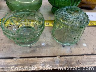 MaxSold Auction: Assorted Glass - Green & Amber Pressed Glass Bowls, Jars & Bottle - Millbury (Massachusetts, USA) SUPER SHORT NOTICE SELLER MANAGED Estate Sale Online Auction - River Street