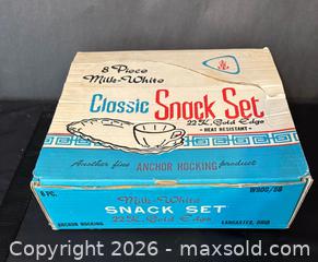 MaxSold Auction: Vintage Anchor Hocking 8-Piece Milk Glass Snack Set with 22K Gold Edge in Original Box - Kitchener (Ontario, Canada) SELLER MANAGED Downsizing Online Auction - Ahrens Street West