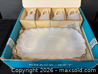 MaxSold Auction: Vintage Anchor Hocking 8-Piece Milk Glass Snack Set with 22K Gold Edge in Original Box - Kitchener (Ontario, Canada) SELLER MANAGED Downsizing Online Auction - Ahrens Street West