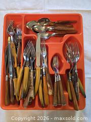 MaxSold Auction: Stainless Crown Sheffield Canada Vintage Bakelite-Handled Stainless Steel Flatware Set, Tortoiseshell & Amber - Hamilton (Ontario, Canada) SELLER MANAGED Estate Sale Online Auction - East 35th