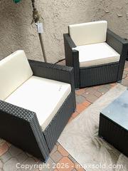 MaxSold Auction: Set of 2 Black Wicker Patio Chairs with White Cushions - Los Angeles (California, USA) PARTNER MANAGED Moving Online Auction - Erwin Street (CONDO)