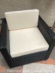 MaxSold Auction: Set of 2 Black Wicker Patio Chairs with White Cushions - Los Angeles (California, USA) PARTNER MANAGED Moving Online Auction - Erwin Street (CONDO)
