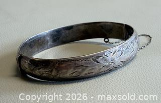 MaxSold Auction: Vintage Floral Etched Burkhardt BIRKS Sterling Silver Bangle with Safety Chain - Marked  - Toronto (Ontario, Canada) PARTNER MANAGED Reseller Online Auction - Queen Street West
