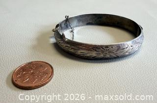 MaxSold Auction: Vintage Floral Etched Burkhardt BIRKS Sterling Silver Bangle with Safety Chain - Marked  - Toronto (Ontario, Canada) PARTNER MANAGED Reseller Online Auction - Queen Street West