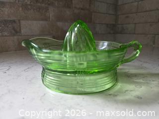 MaxSold Auction: 1930s - Hazel Atlas Glass Company - Criss- Cross Pattern - Green Uranium Depression Glass Citrus Juicer Reamer with Handle - Kingston (Ontario, Canada) SELLER MANAGED Downsizing Online Auction - Abdo Road