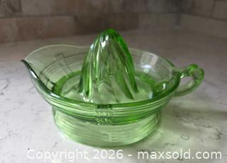 MaxSold Auction: 1930s - Hazel Atlas Glass Company - Criss- Cross Pattern - Green Uranium Depression Glass Citrus Juicer Reamer with Handle - Kingston (Ontario, Canada) SELLER MANAGED Downsizing Online Auction - Abdo Road