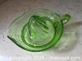 MaxSold Auction: 1930s - Hazel Atlas Glass Company - Criss- Cross Pattern - Green Uranium Depression Glass Citrus Juicer Reamer with Handle - Kingston (Ontario, Canada) SELLER MANAGED Downsizing Online Auction - Abdo Road