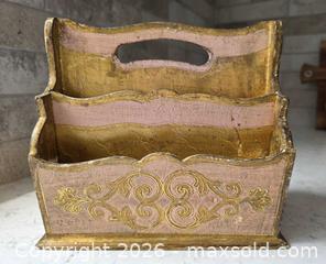 MaxSold Auction: 1950s Vintage - Pink & Gold Wood Letter, Napkin and Photo Holder - Kingston (Ontario, Canada) SELLER MANAGED Downsizing Online Auction - Abdo Road
