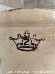 MaxSold Auction: 2-Gallon Stoneware Crock with Crown '2' Mark - 9"H x 9.5"W - Kingston (Ontario, Canada) SELLER MANAGED Downsizing Online Auction - Abdo Road