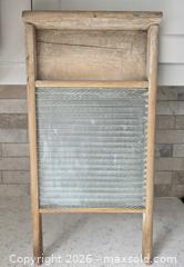 MaxSold Auction: Antique Wooden Washboard with Pressed Decorative Glass Panel - 23.75"L x 12"W x 2 5/8"D - Kingston (Ontario, Canada) SELLER MANAGED Downsizing Online Auction - Abdo Road