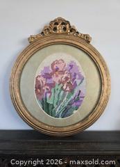 MaxSold Auction: Floral Cross Stitch in Ornate Gilded Round Frame - Kingston (Ontario, Canada) SELLER MANAGED Downsizing Online Auction - Abdo Road