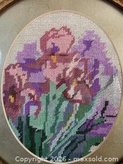 MaxSold Auction: Floral Cross Stitch in Ornate Gilded Round Frame - Kingston (Ontario, Canada) SELLER MANAGED Downsizing Online Auction - Abdo Road