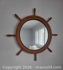 MaxSold Auction: Nautical Ship Wheel Wall Vanity Mirror, Brown Wood Tone - 30" Diameter - Kingston (Ontario, Canada) SELLER MANAGED Downsizing Online Auction - Abdo Road