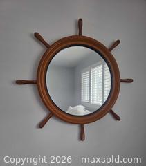 MaxSold Auction: Nautical Ship Wheel Wall Vanity Mirror, Brown Wood Tone - 30" Diameter - Kingston (Ontario, Canada) SELLER MANAGED Downsizing Online Auction - Abdo Road