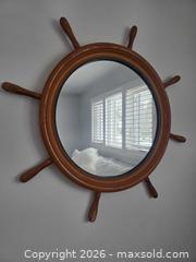 MaxSold Auction: Nautical Ship Wheel Wall Vanity Mirror, Brown Wood Tone - 30" Diameter - Kingston (Ontario, Canada) SELLER MANAGED Downsizing Online Auction - Abdo Road