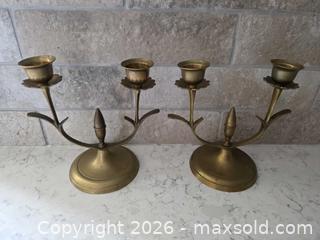 MaxSold Auction: Pair of Vintage Brass 2-Arm Candelabra Candle Holders - 5.75"H x 6"W - Kingston (Ontario, Canada) SELLER MANAGED Downsizing Online Auction - Abdo Road