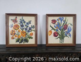 MaxSold Auction: Pair of Vintage Danish Floral & Butterfly Cross-Stitch Needlepoint in Solid Wood Heavy Frames - 10.25"L x 9.5"W - Kingston (Ontario, Canada) SELLER MANAGED Downsizing Online Auction - Abdo Road