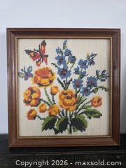 MaxSold Auction: Pair of Vintage Danish Floral & Butterfly Cross-Stitch Needlepoint in Solid Wood Heavy Frames - 10.25"L x 9.5"W - Kingston (Ontario, Canada) SELLER MANAGED Downsizing Online Auction - Abdo Road