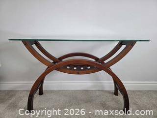 MaxSold Auction: Palliser Contemporary Glass Top Console Table, Custom Art Deco Silhouette Glass Top - 48"W ?x 18"D x  28.5"H - Kingston (Ontario, Canada) SELLER MANAGED Downsizing Online Auction - Abdo Road