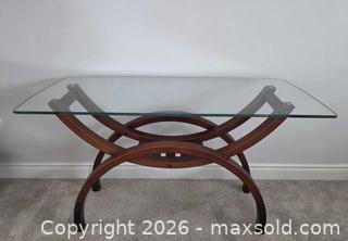 MaxSold Auction: Palliser Contemporary Glass Top Console Table, Custom Art Deco Silhouette Glass Top - 48"W ?x 18"D x  28.5"H - Kingston (Ontario, Canada) SELLER MANAGED Downsizing Online Auction - Abdo Road