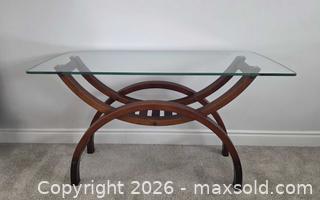 MaxSold Auction: Palliser Contemporary Glass Top Console Table, Custom Art Deco Silhouette Glass Top - 48"W ?x 18"D x  28.5"H - Kingston (Ontario, Canada) SELLER MANAGED Downsizing Online Auction - Abdo Road