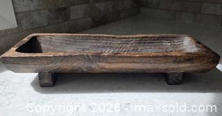 MaxSold Auction:  Smaller solid Wood Dough Bowl / Trough, Dark Brown Distressed Finish (Not Vintage) - 17"L x 5 3/4"W 3.5"H  - Kingston (Ontario, Canada) SELLER MANAGED Downsizing Online Auction - Abdo Road