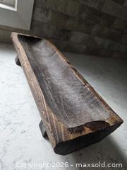 MaxSold Auction:  Smaller solid Wood Dough Bowl / Trough, Dark Brown Distressed Finish (Not Vintage) - 17"L x 5 3/4"W 3.5"H  - Kingston (Ontario, Canada) SELLER MANAGED Downsizing Online Auction - Abdo Road